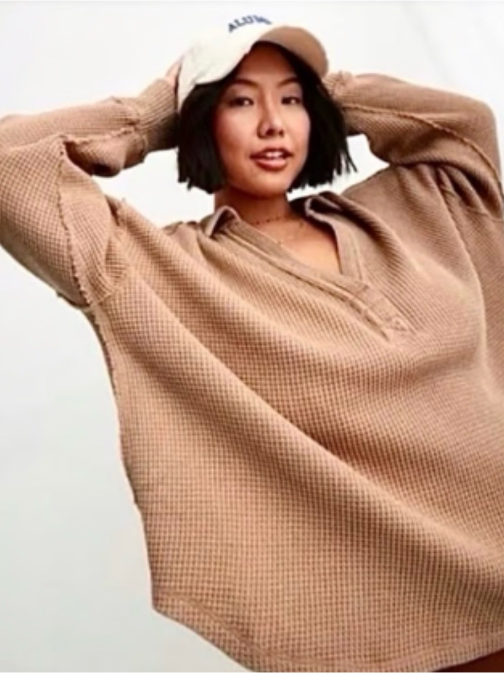 Aerie LumberJane Waffle Knit Oversized Henley Pullover XL Beige Collared Top